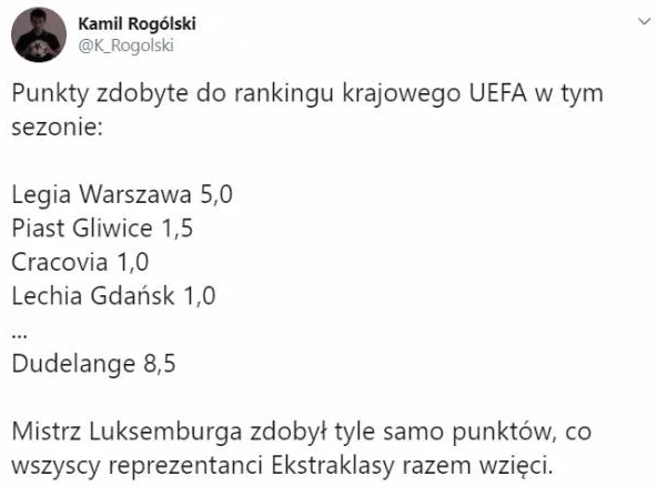 Punkty zdobyte do rankingu krajowego UEFA w tym sezonie: DUDELANGE vs EKSTRAKLASA xD
